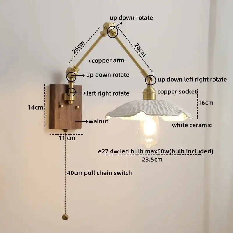 Adjustable copper-arm wall light with white ceramic shade and walnut mounting plate for modern bedroom decorbites led wall light