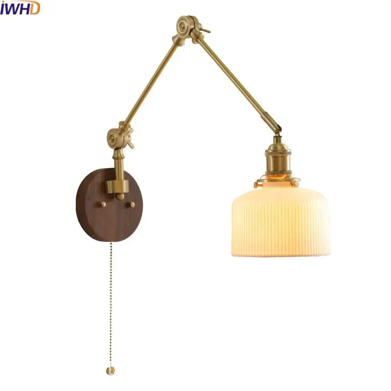 Brass-finished adjustable wall light with ribbed off-white glass shade and walnut wooden mounting plate by decorbites led wall
