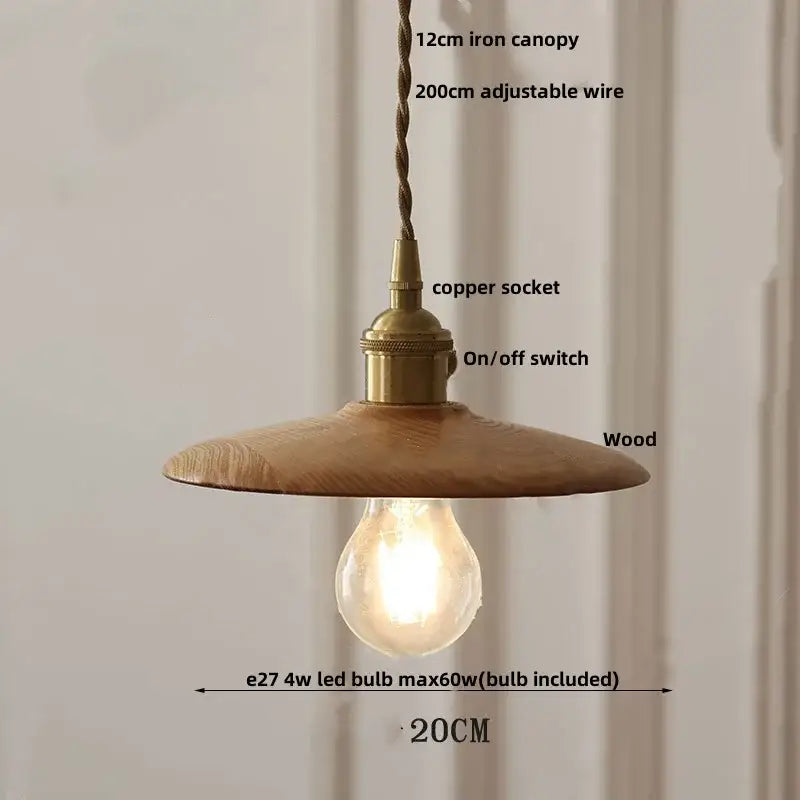 Modern walnut wood pendant light with clear glass cube shade brass copper socket and exposed led bulb for dining room