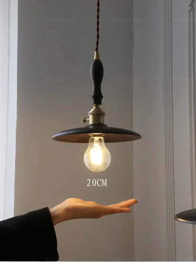 Black vintage-style pendant light with brass fixture and exposed bulb complements modern walnut wood pendant light design