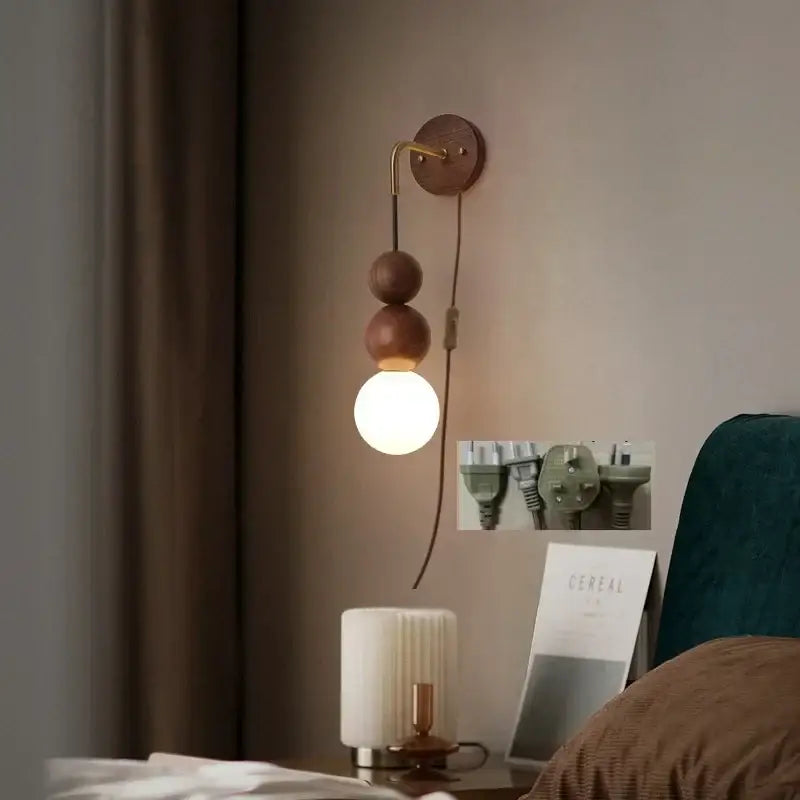 Modern walnut wood and white glass wall light with curved brass arm and wooden beads for living room decorbites adjustable led wall
