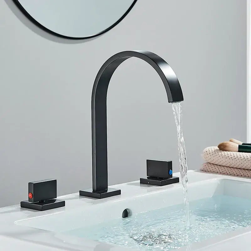 Black matte dual handle basin faucet with curved spout and red blue markers for decorbites dual handle gold use