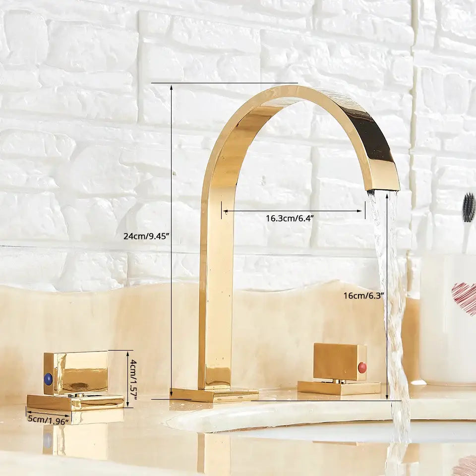 Modern waterfall dual handle gold basin faucet with sleek metallic finish and blue red accent stones by decorbites dual handle