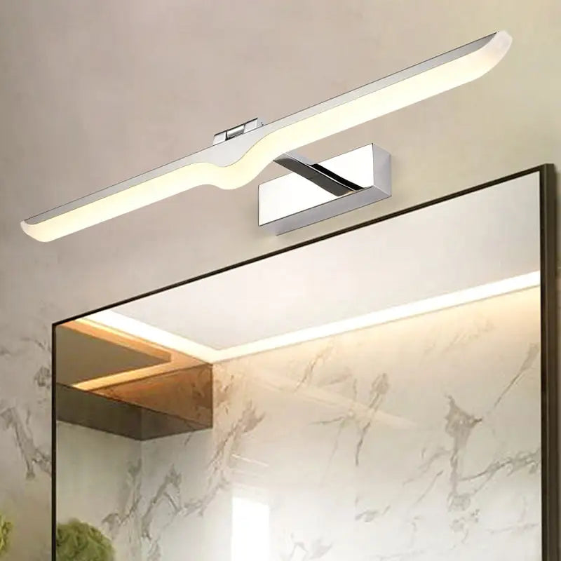 Modern wave chrome acrylic wall light with sleek curved design and warm white led illumination for 110v-120v bathroom use