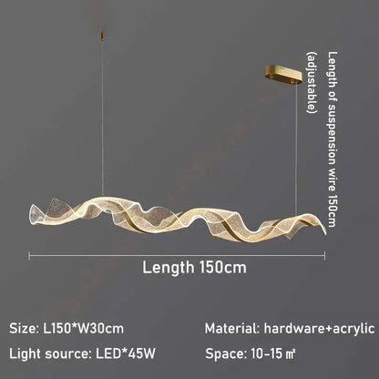 Modern wave gold acrylic led pendant lamp with flowing wave design and gold hardware for dining room lighting