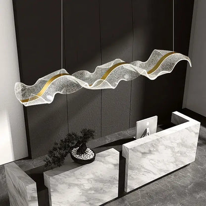 Modern wave gold acrylic led pendant lamp with translucent textured glass and gold-accented inner bands for dining room