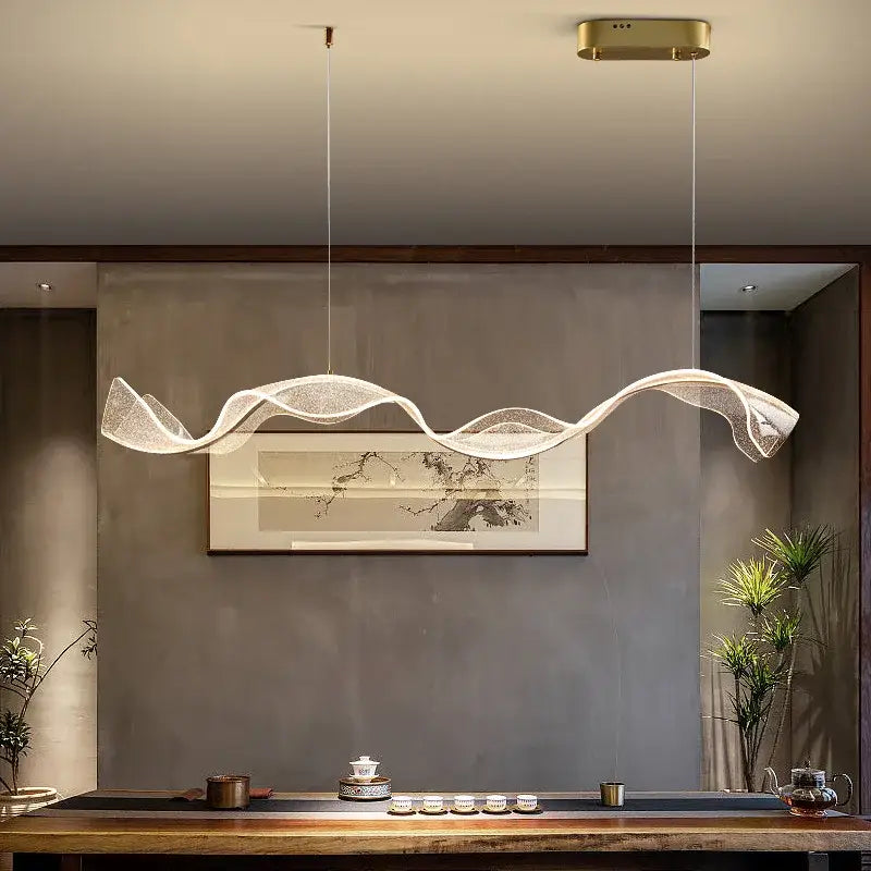 Modern wave gold acrylic led pendant light with translucent mesh design and gold fixture for dining room decorbites acrylic led