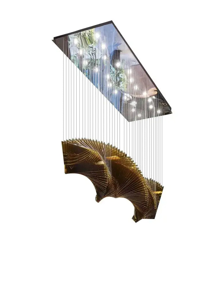 Modern wave golden designer chandelier with cascading sculptural design and embedded lights by decorbites designer chandelier