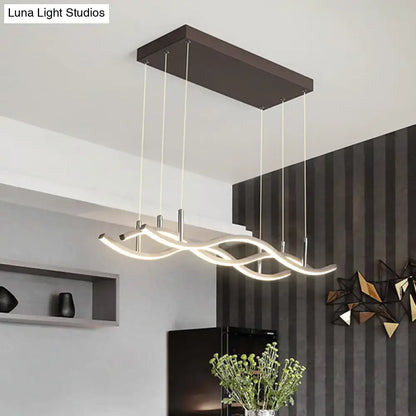 Modern rectangular metallic wavy linear island pendant led light in coffee with warm white illumination suspended by cables
