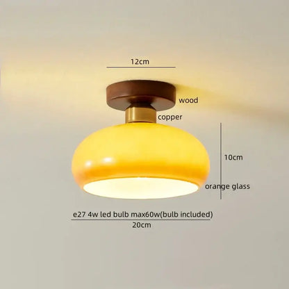 Modern warm yellow-orange ceiling lamp with wavy frosted glass and decorbites led wood copper base for bedroom
