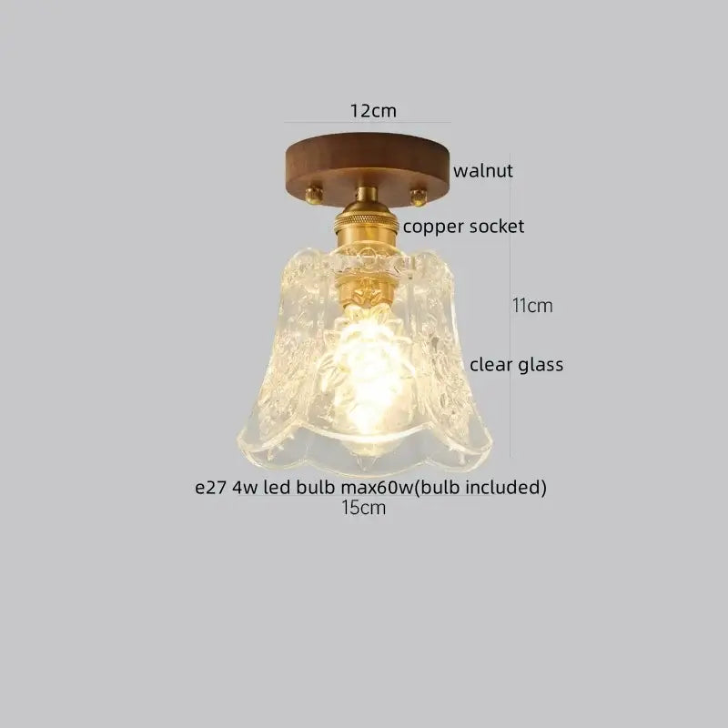 Vintage-style ceiling lamp with walnut base copper socket and ornate clear glass shade for decorbites led wood bedroom