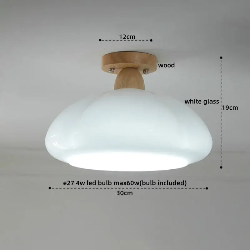 Minimalist ceiling lamp with wooden base and smooth white glass dome featuring decorbites led wood design for bedroom