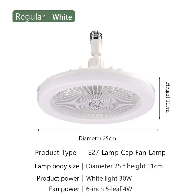 Modern white 2-in-1 ceiling fan with remote control featuring a circular e27 lamp cap design 25cm diameter and 11cm height
