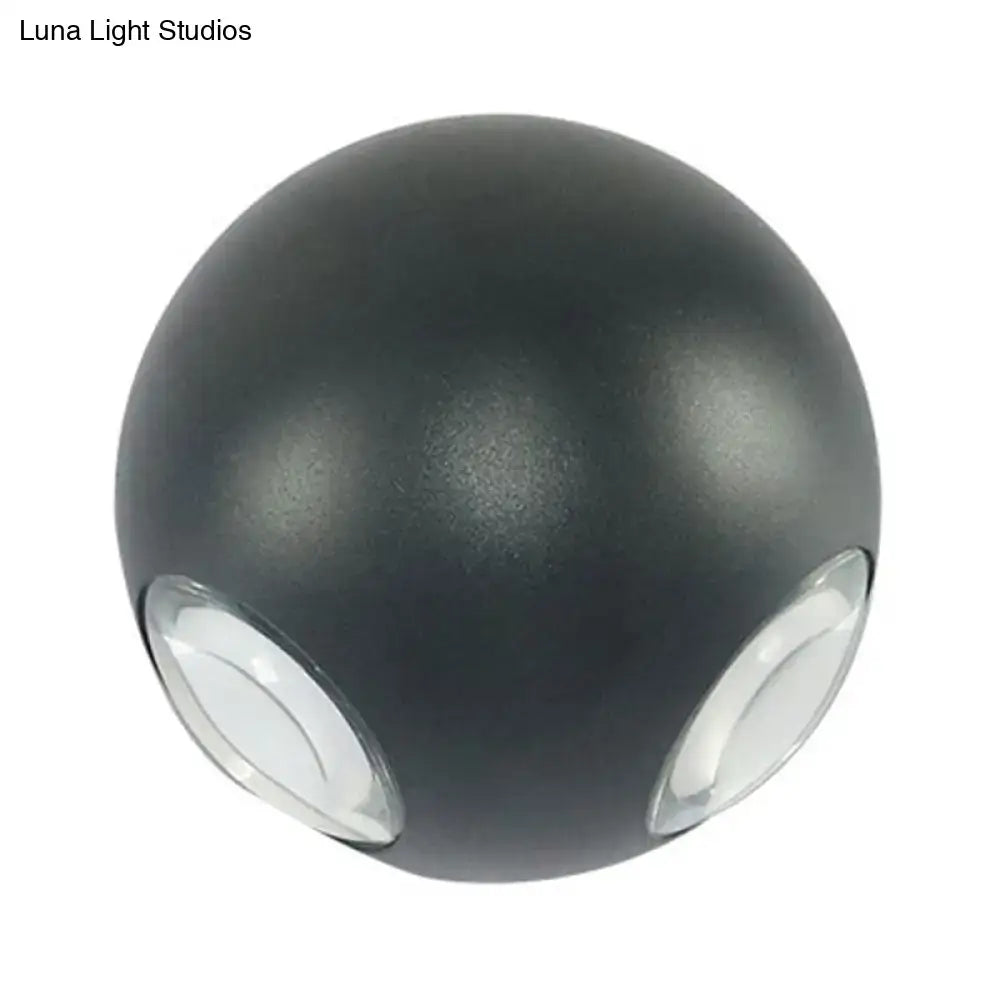 Black spherical outdoor light fixture with two clear lens openings for modern white 4 light dome wall sconce 110v-120v