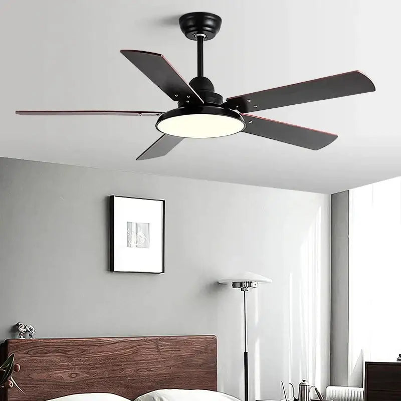 Black ceiling fan with five wooden blades and circular ceiling fan light for modern bedroom use with remote control