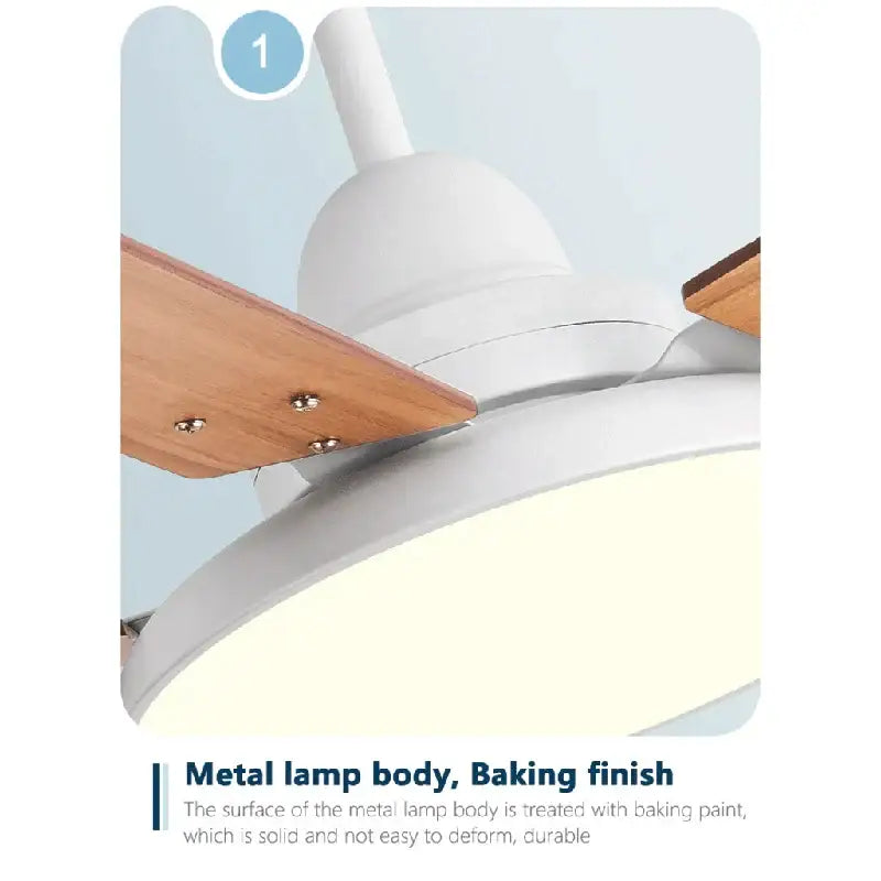 Modern white ceiling fan light with five wooden blades, white metal body with baking finish, and silver fasteners