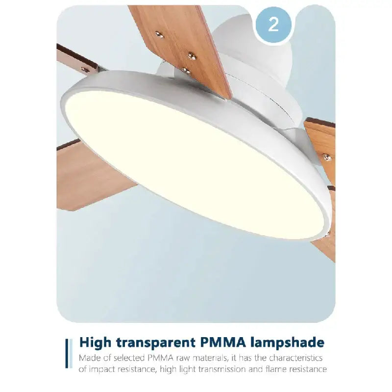 Modern white 5 blade wooden ceiling fan light featuring a white high transparent pmma lampshade with a sleek circular design