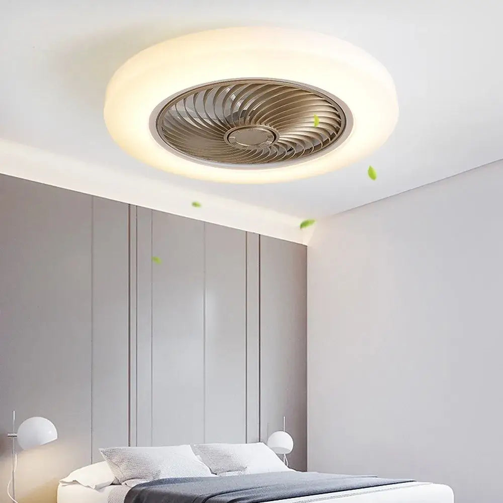 Modern white 52cm smart ceiling fan with remote control featuring metallic finish and integrated led lighting with soft white glow