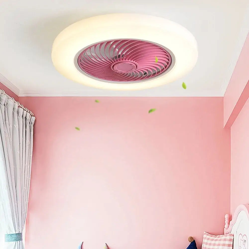 Modern white 52cm smart ceiling fan with remote control featuring a pink circular design and integrated bedroom light