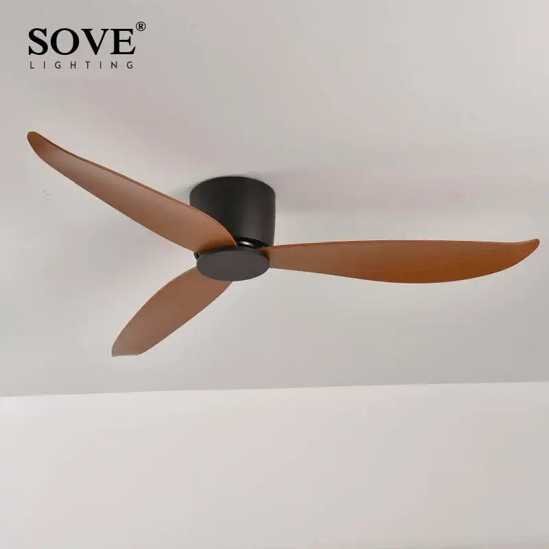 Modern white ceiling fan with 6-speed dc motor, remote control, and matte wooden blades by Sove lighting