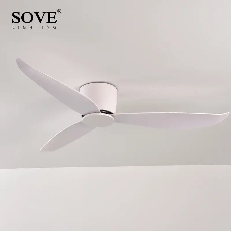 Modern white ceiling fan with 6-speed dc motor, remote control, and sleek blades for bedroom use