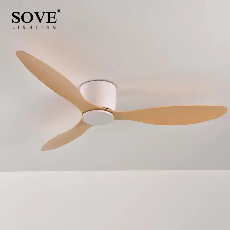 Modern white sove ceiling fan with three light wooden blades and 6-speed dc motor with remote control