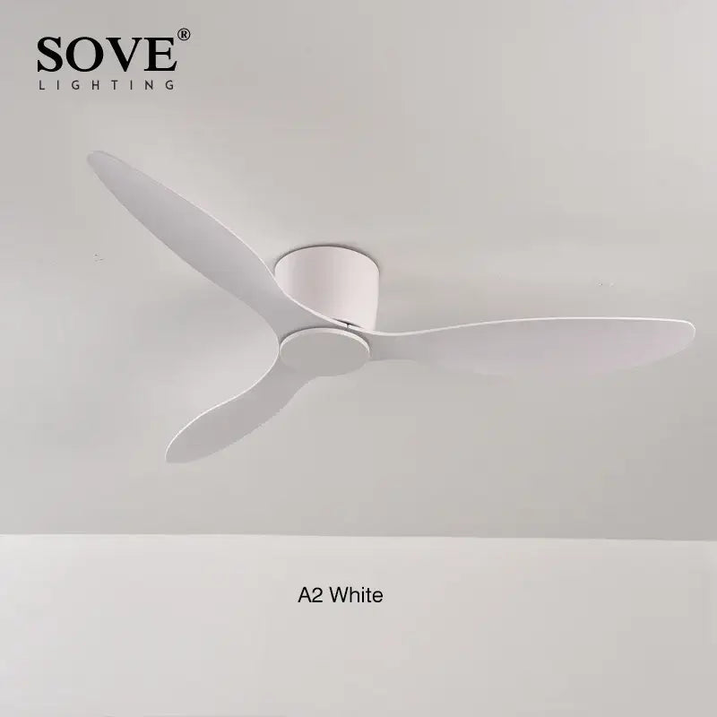 Modern white ceiling fan with sleek blades featuring a 6-speed dc motor and remote control for bedroom use