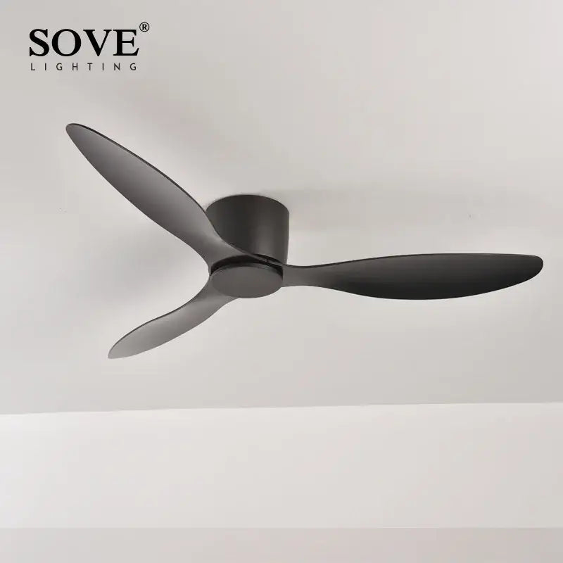 Modern white ceiling fan with black matte lighting and sleek blades featuring 6-speed dc motor remote control