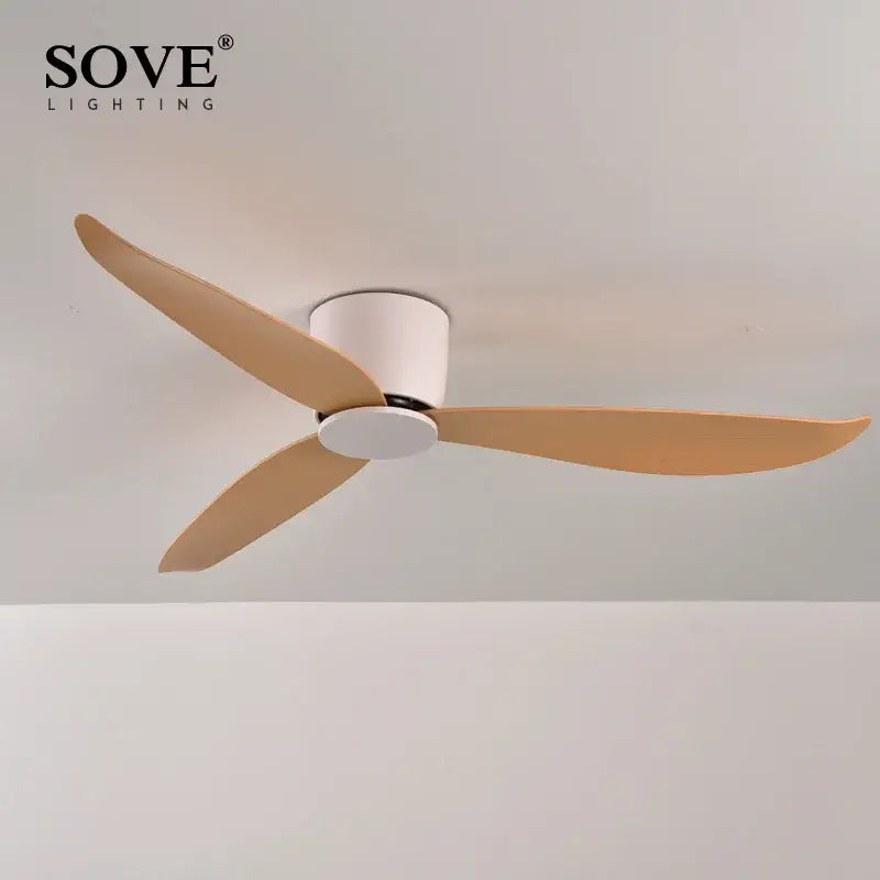 Modern white sove ceiling fan with three light wood blades and 6-speed dc motor remote control for bedroom use