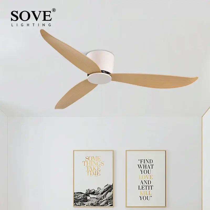 Modern white ceiling fan with 6-speed dc motor, remote control, and three light wood blades by Sove lighting