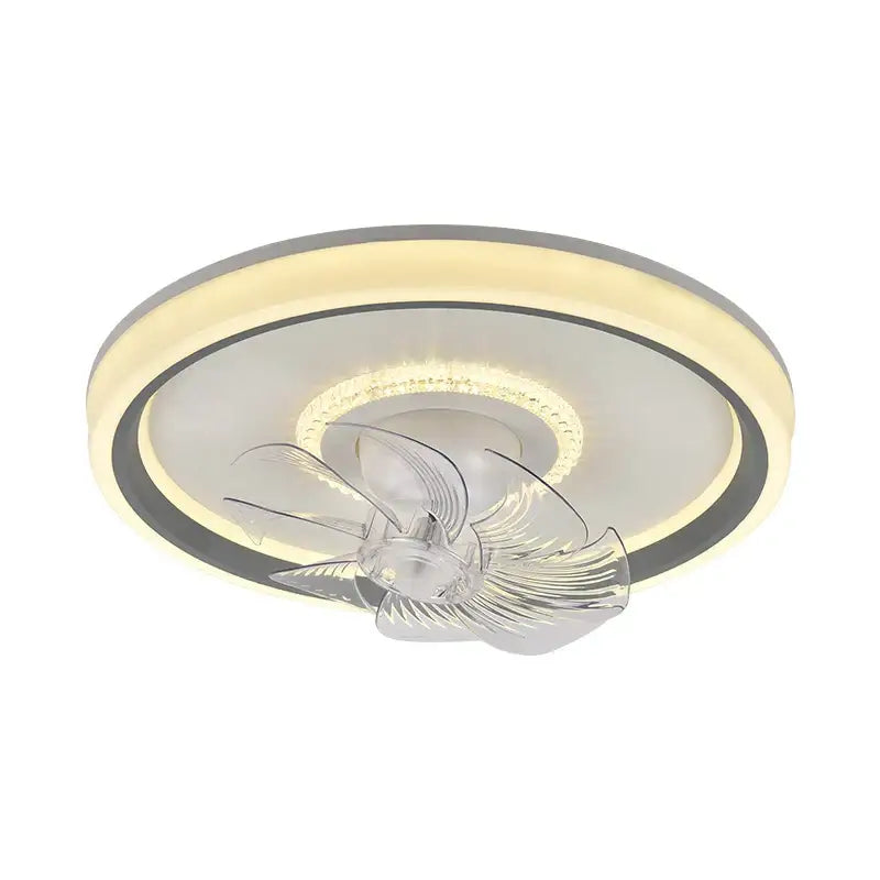 Modern white 6 speed rotating ceiling fan light with clear acrylic blades and integrated led lighting for living room