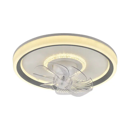 Modern white ceiling fan light with 6 speed rotating function, sleek silver design, and transparent blades for living room use