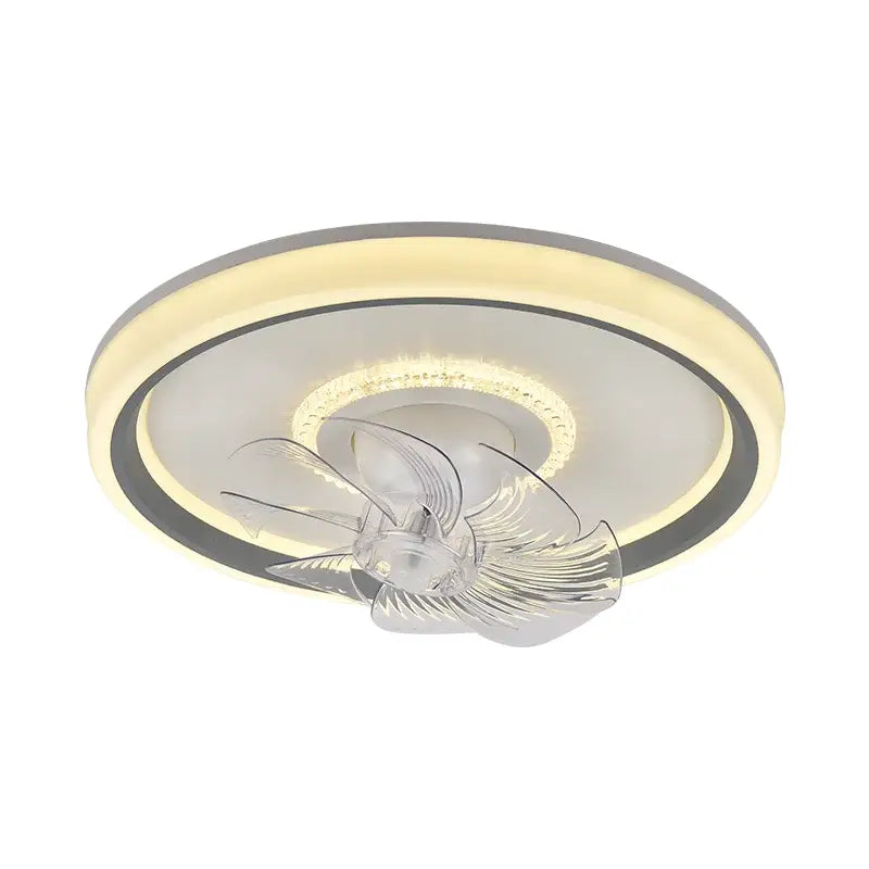 Modern white ceiling fan light with 6 speed rotating function, sleek silver design, and transparent blades for living room use