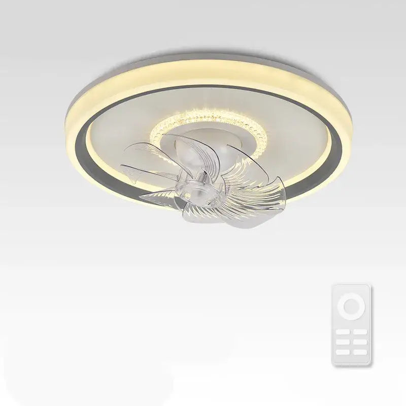 Modern white 6 speed ceiling fan light with sleek chrome design and integrated led ring for warm ambient lighting