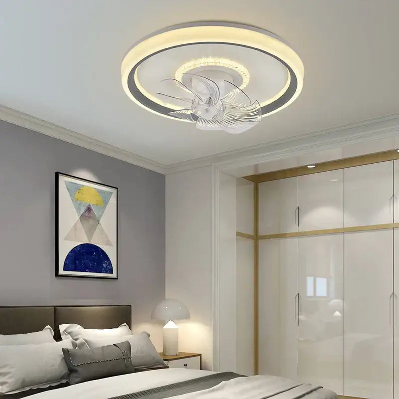Modern white ceiling fan light with 6 speed rotation and warm led lighting rings for living room use