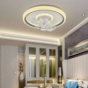 Modern white ceiling fan light with sleek circular design, translucent blades, and integrated lighting for living rooms