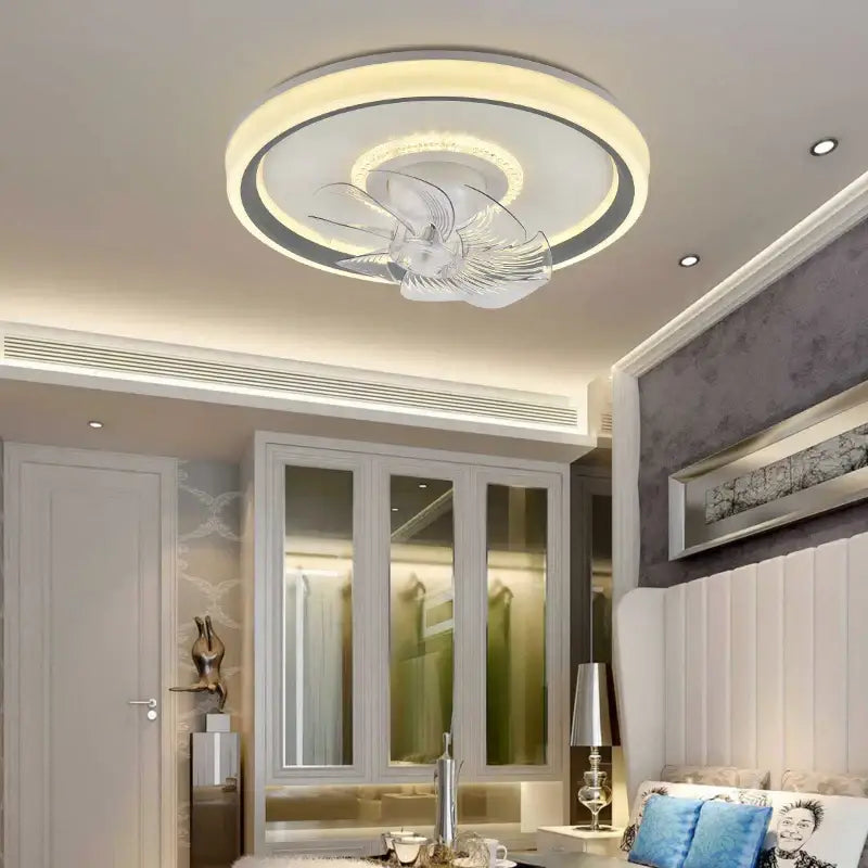 Modern white ceiling fan light with sleek circular design, translucent blades, and integrated lighting for living rooms