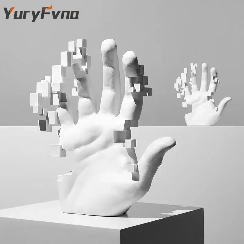 Modern white abstract resin mosaic sculpture of a hand with pixelated cube fragments for office decorbites abstract resin decor