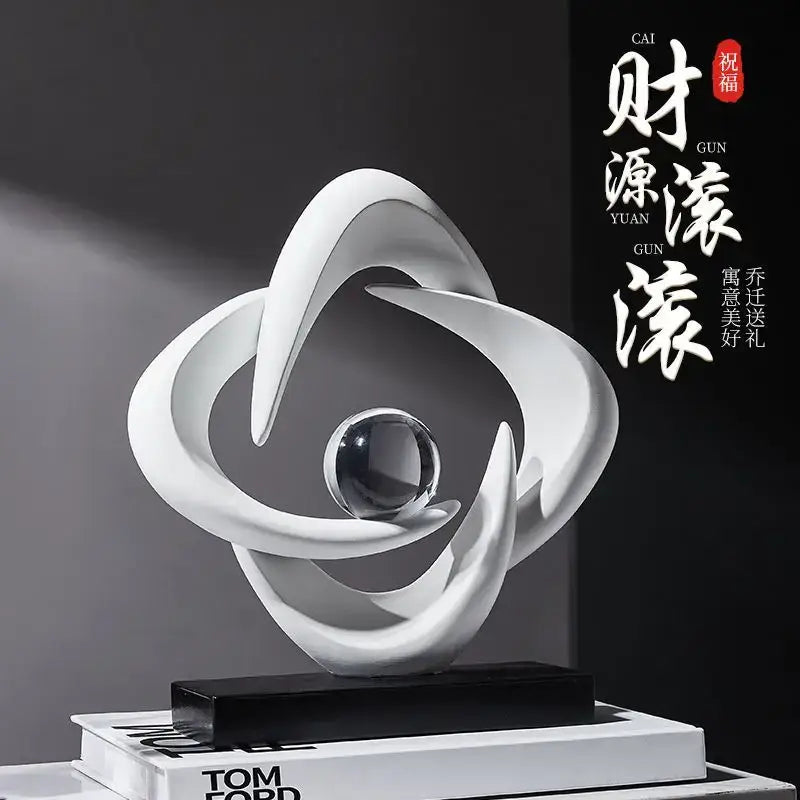 Modern white abstract resin sculpture with flowing curves and central glass sphere for living room decorbites abstract resin decor