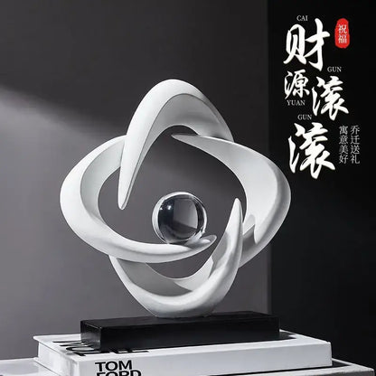 Modern white abstract resin sculpture with flowing curves and central glass sphere for living room decorbites abstract resin decor