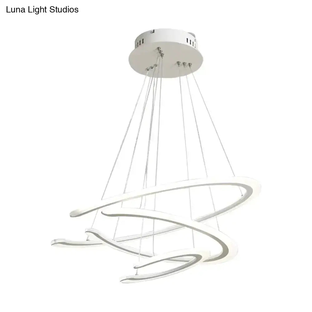 Modern white acrylic led DecorBites™ C ring dining room chandelier with three interlocking rings in warm white light