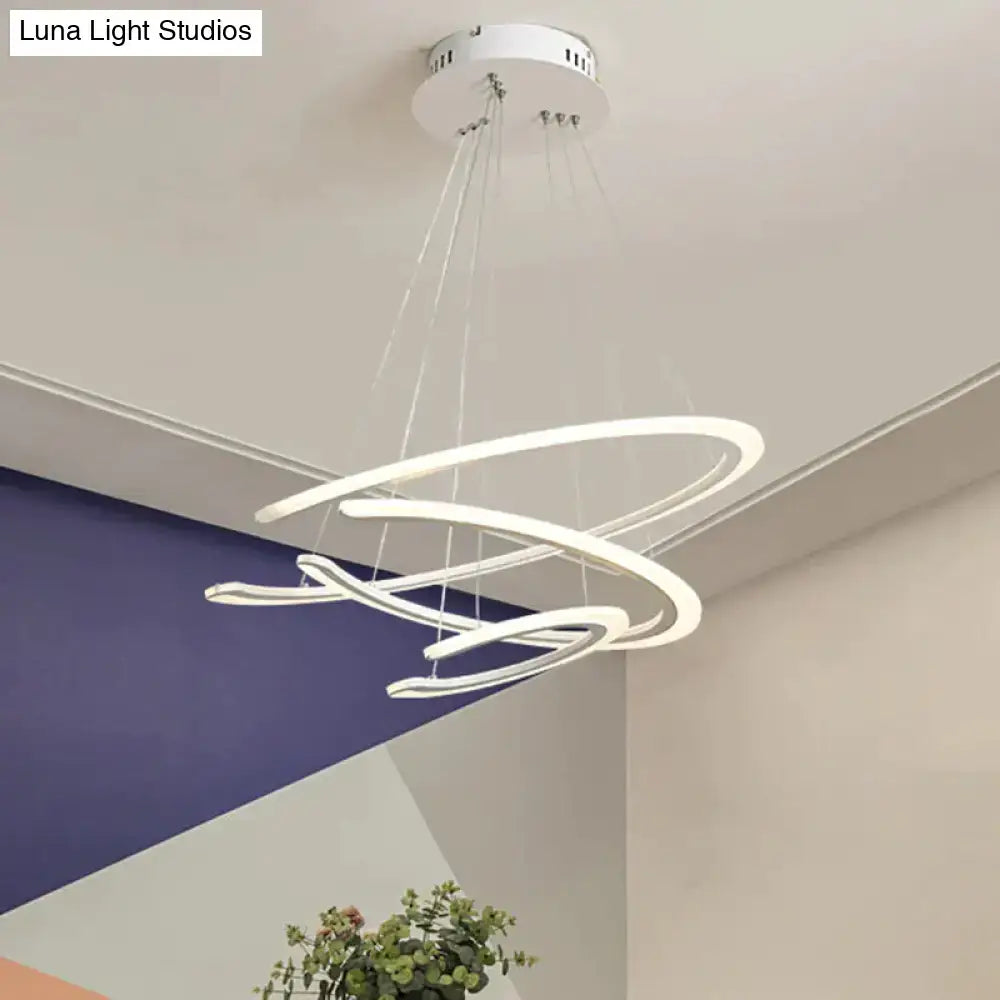 Modern white acrylic led ring dining room chandelier with sleek interlocking circular rings for elegant dining room lighting