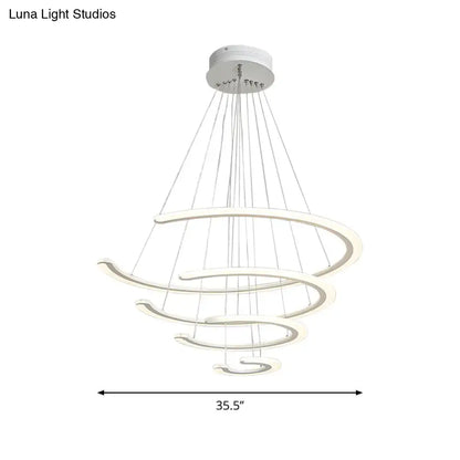 Modern white acrylic ring dining room chandelier with spiral concentric rings and led warm white light suspension