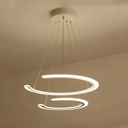 Modern white acrylic led ring dining room chandelier with two interlocking circular rings suspended by thin cords
