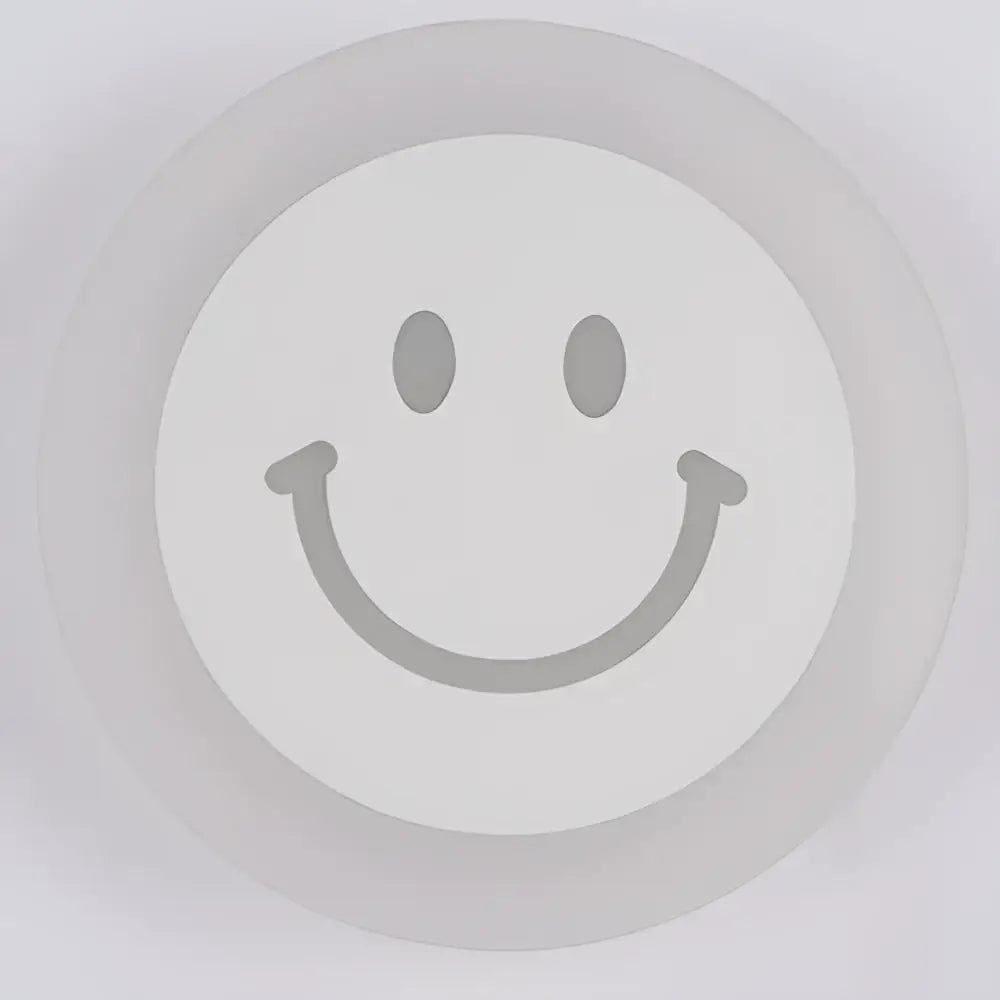 Modern white acrylic led wall sconce with gray minimalist smiley face emblem for childrens bedroom decor by decorbites acrylic led