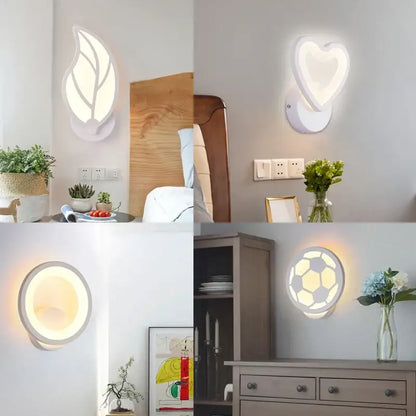 Modern white acrylic led wall sconce with leaf heart circular and soccer ball designs for childrens bedroom decorbites acrylic led