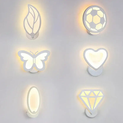 Modern white acrylic led wall sconce set shaped like leaf butterfly heart soccer ball oval and diamond for childrens decorbites acrylic decor