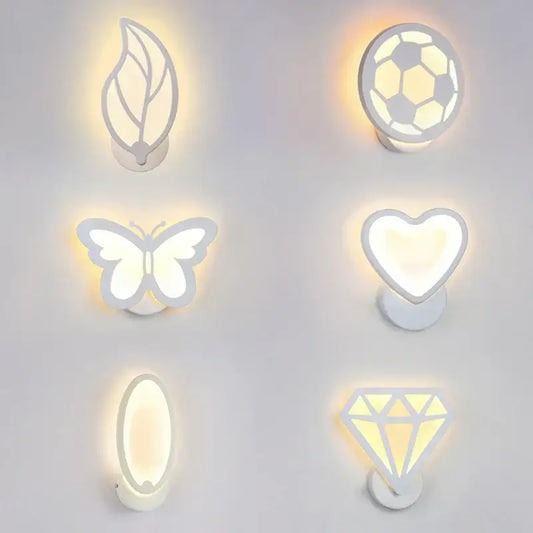 Modern white acrylic led wall sconce set shaped like leaf butterfly heart soccer ball oval and diamond for childrens decorbites acrylic decor