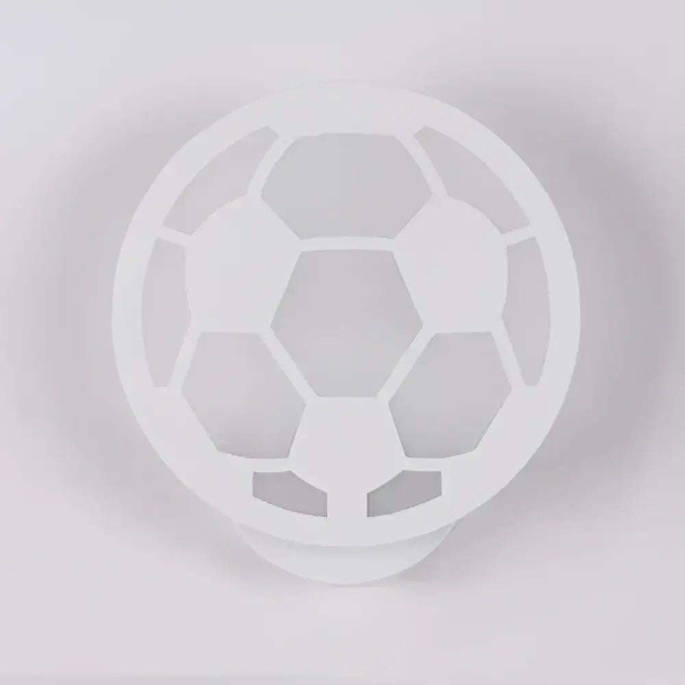 Modern white acrylic led wall sconce shaped like a soccer ball with hexagonal and pentagonal cutouts for childrens decorbites acrylic decor