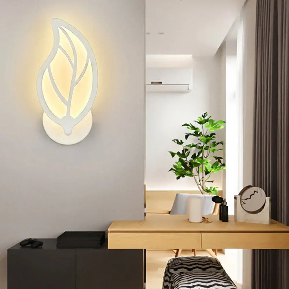 Modern white acrylic led wall sconce light with white leaf design and warm glow for bedroom corridor decorbites led wall